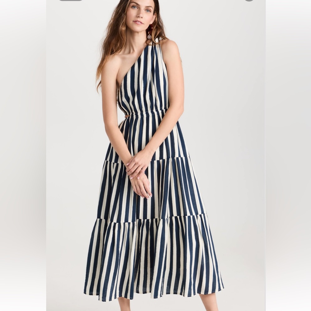 Moon River Navy and White One-Shoulder Tiered Maxi Dress w/Cutout